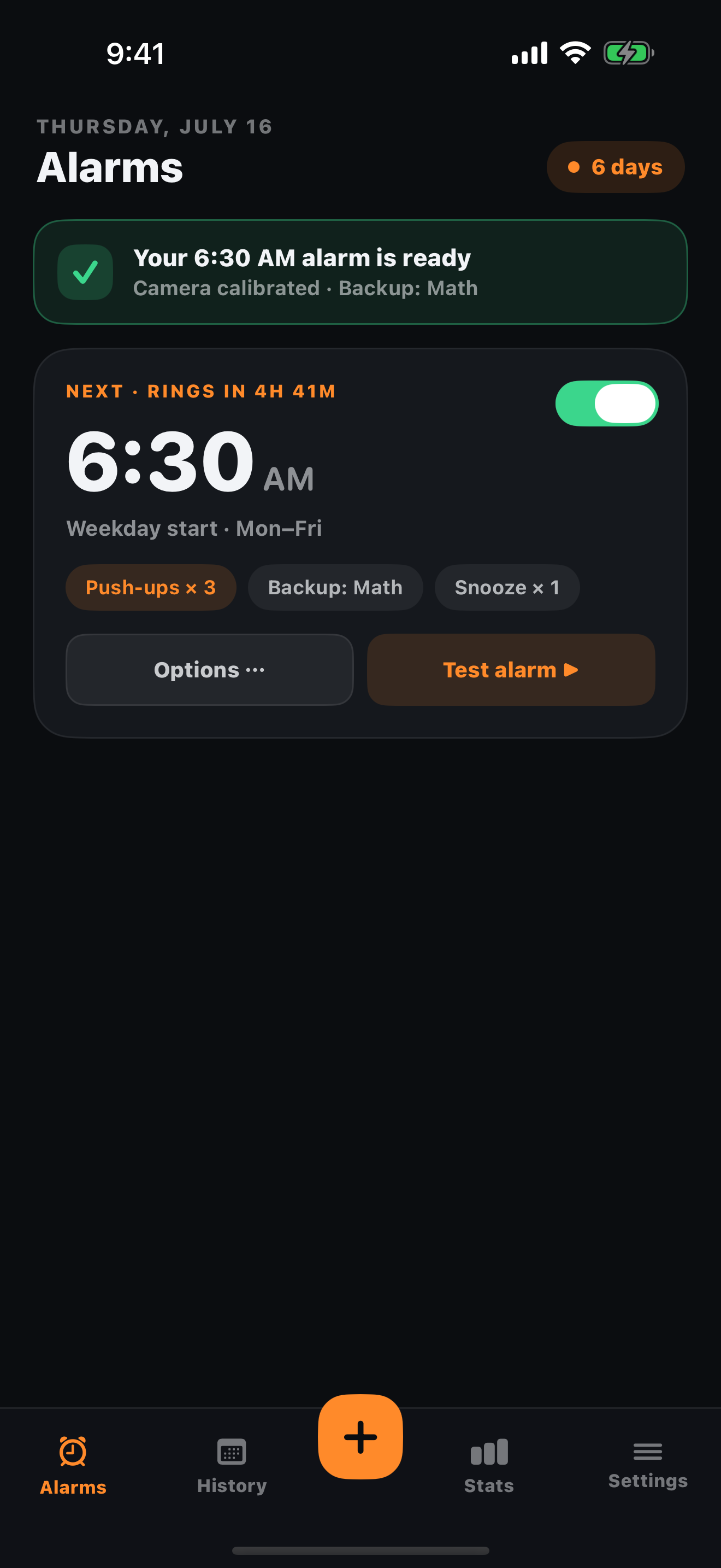 Home screen with your next alarm and streak