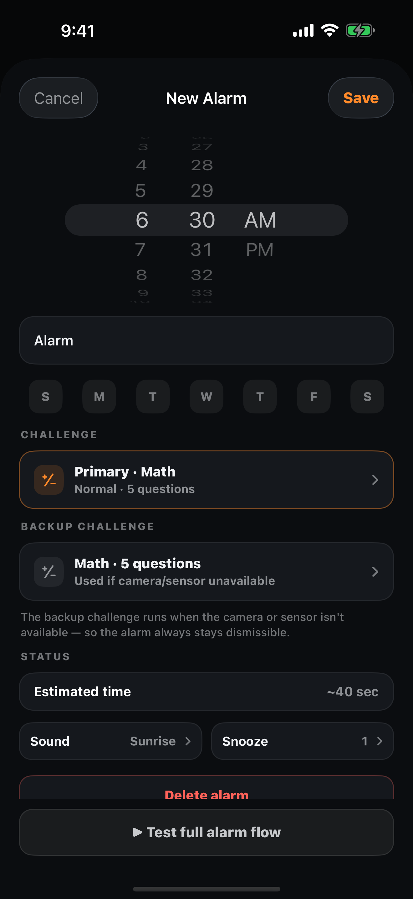 Alarm editor with challenge and backup
