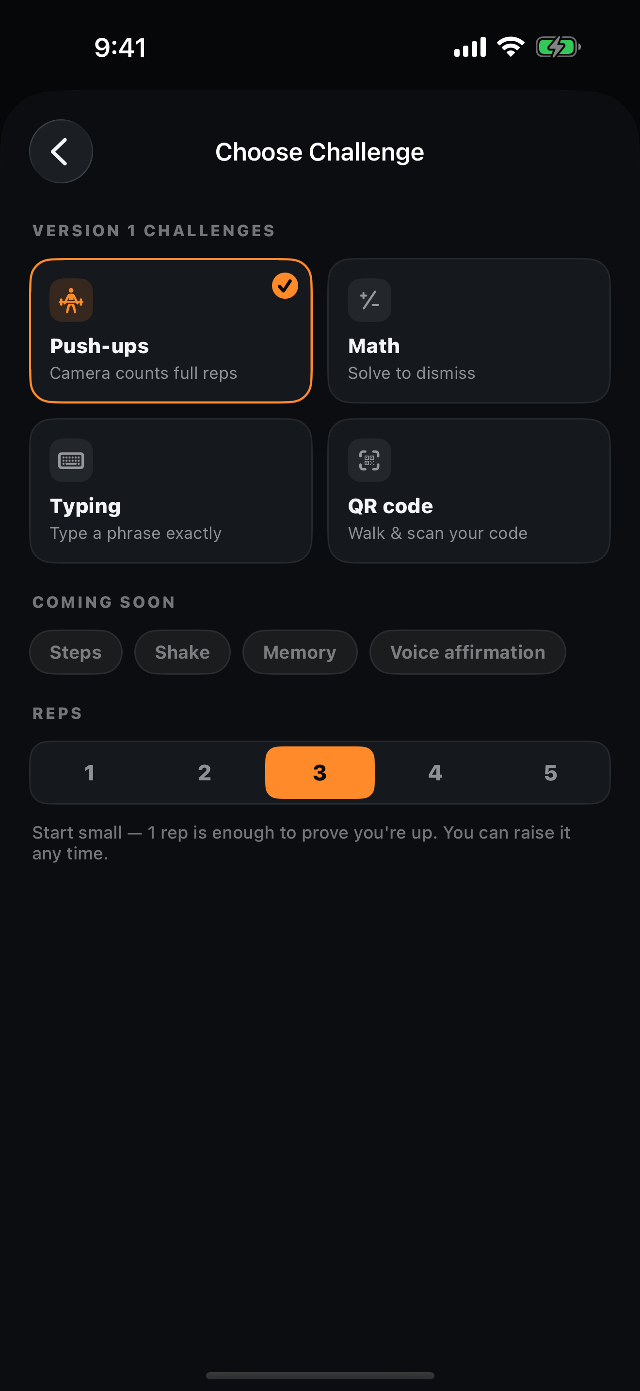 Choosing a wake-up challenge: push-up alarm, math, typing, or QR code alarm