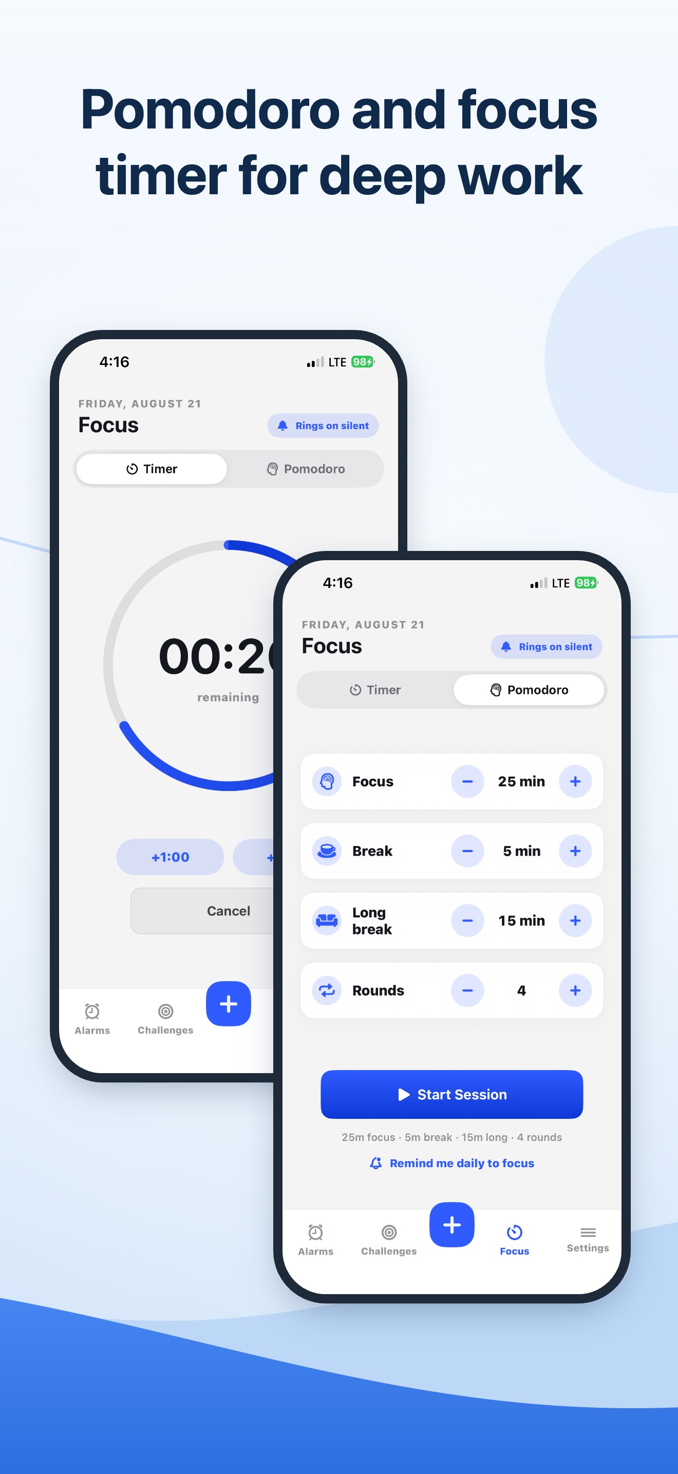 Focus tab with a countdown timer and Pomodoro cycle